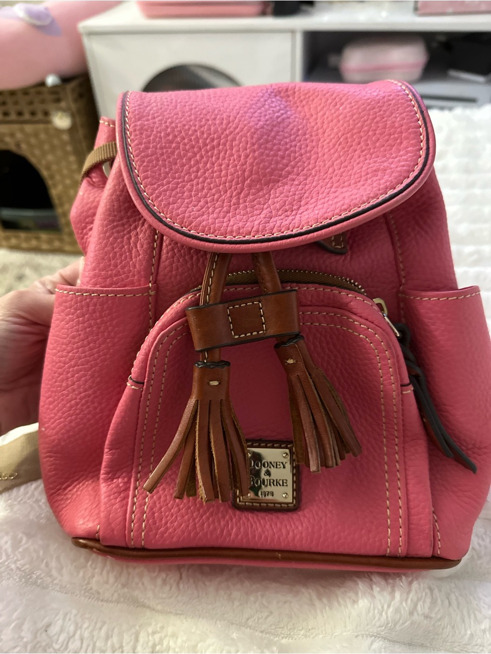 Dooney & Bourke Pink Pebbled Leather Mini Backpack with Brown Tassels
